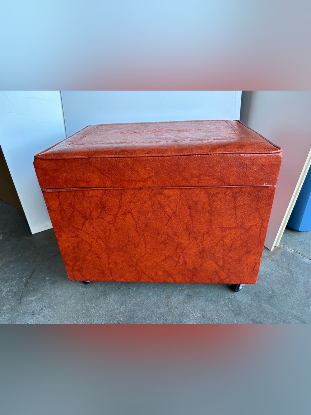 Vintage orange vinyl storage ottoman record storage
